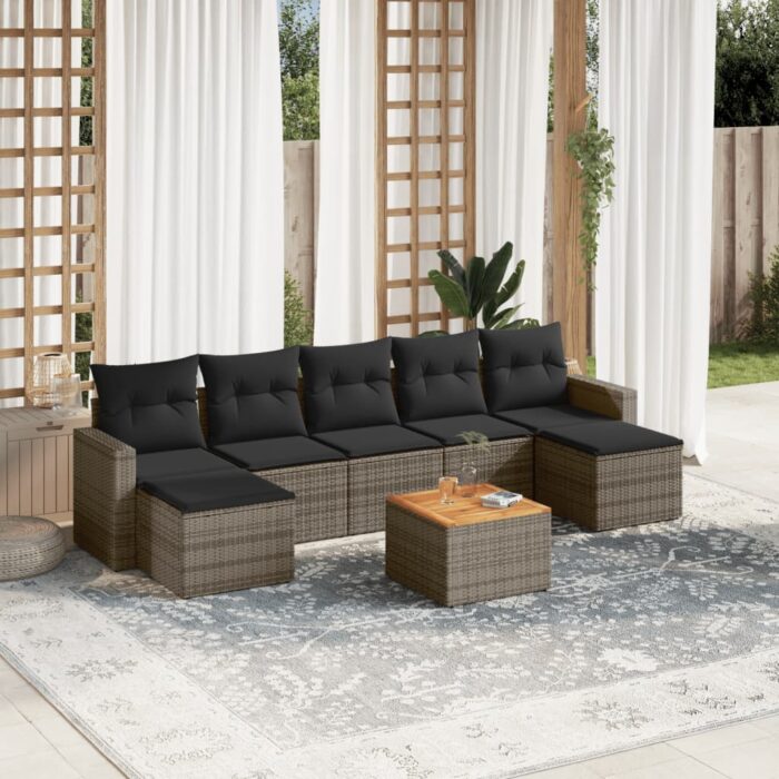 Salon de jardin 8 pcs avec coussins gris résine tressée – Image 1