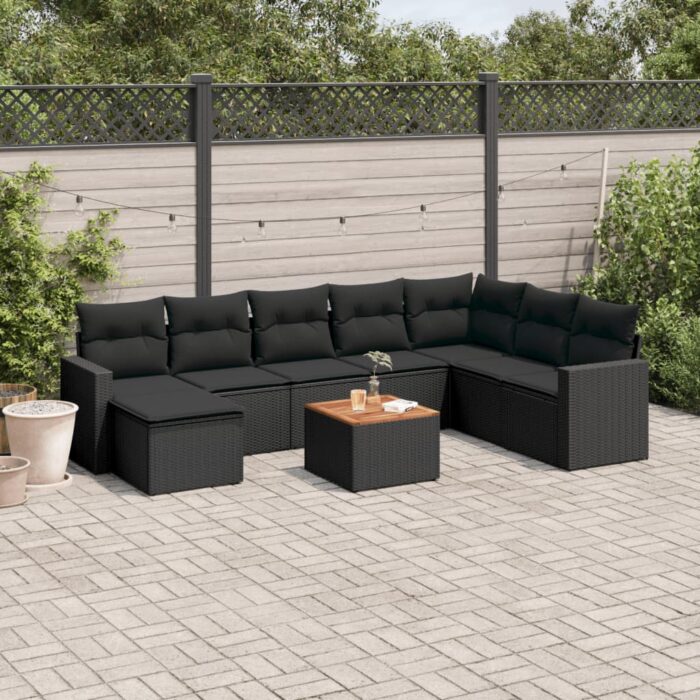 Salon de jardin 9 pcs avec coussins noir résine tressée – Image 1