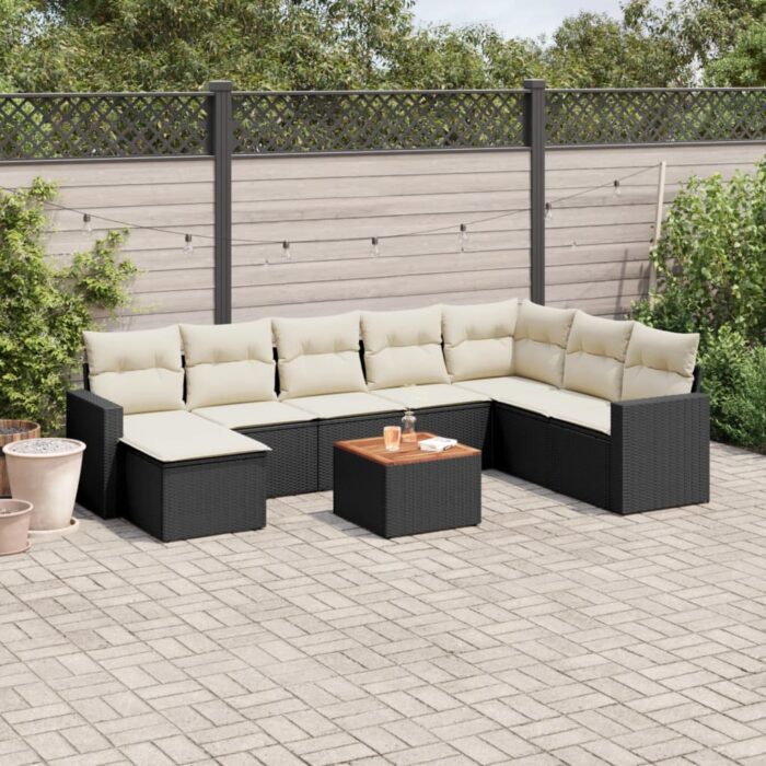 Salon de jardin 9 pcs avec coussins noir résine tressée – Image 1