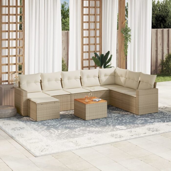 Salon de jardin avec coussins 9 pcs beige résine tressée – Image 1
