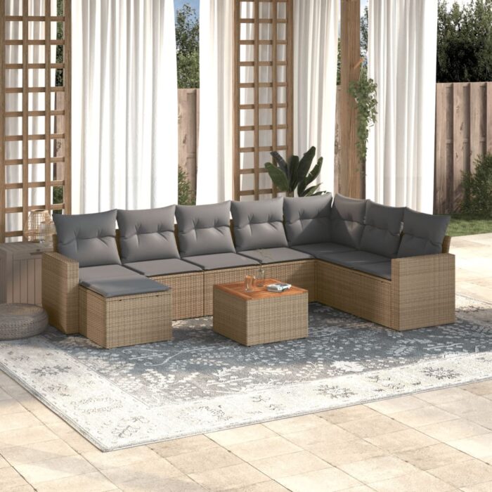 Salon de jardin avec coussins 9 pcs beige résine tressée – Image 1