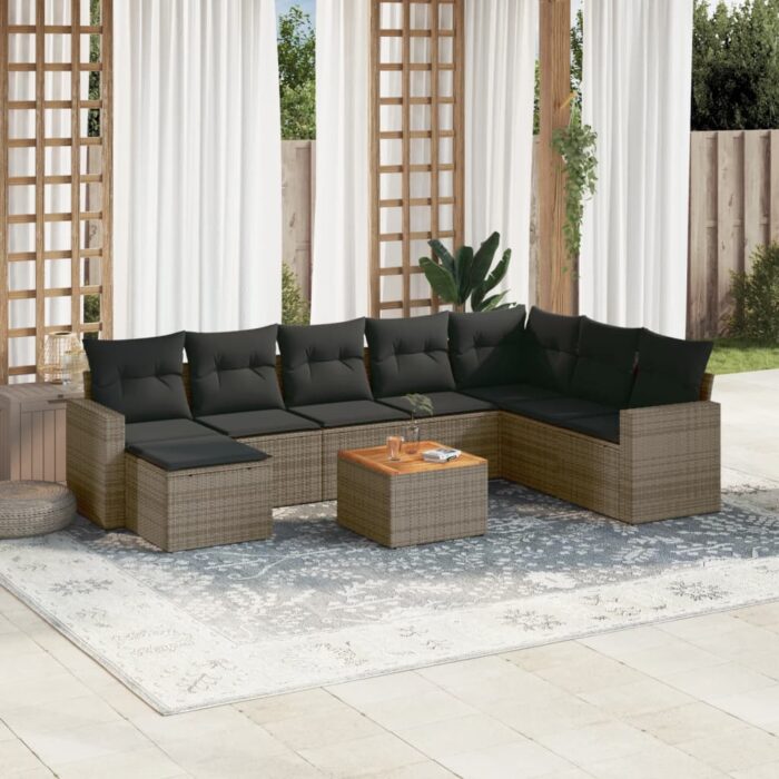 Salon de jardin 9 pcs avec coussins gris résine tressée – Image 1