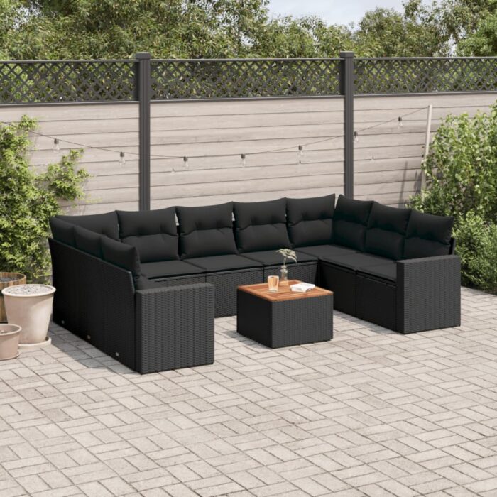 Salon de jardin 10 pcs avec coussins noir résine tressée – Image 1