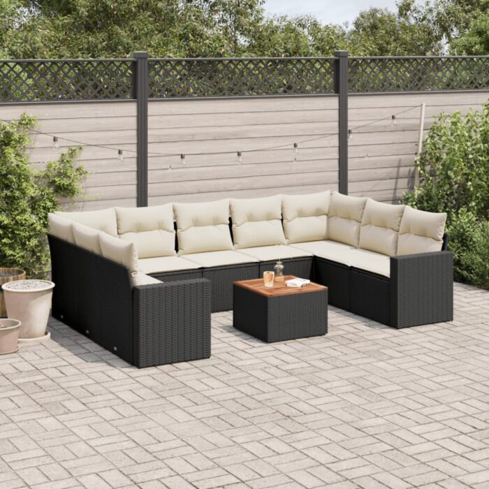 Salon de jardin 10 pcs avec coussins noir résine tressée – Image 1