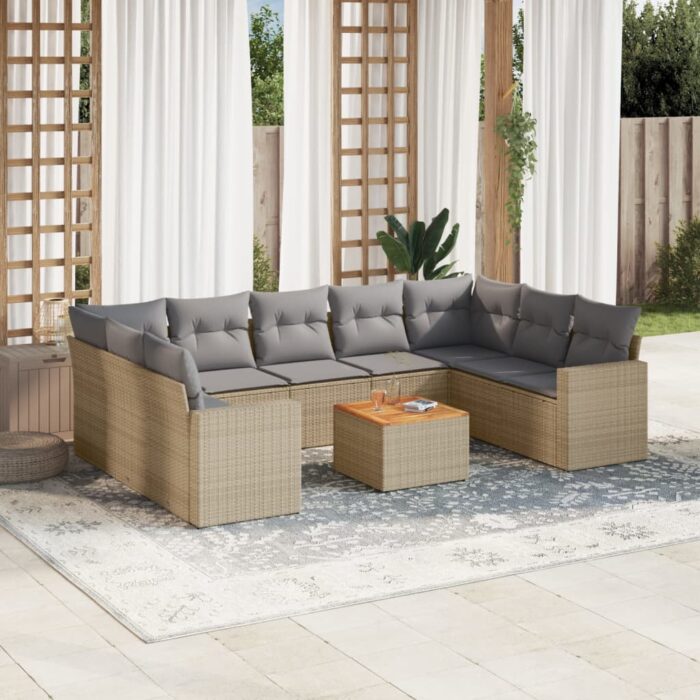 Salon de jardin avec coussins 10 pcs beige résine tressée – Image 1