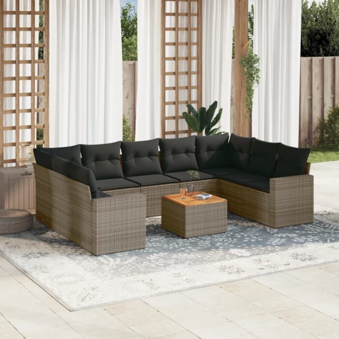 Salon de jardin avec coussins 10 pcs gris résine tressée – Image 1