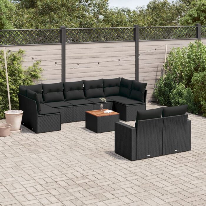 Salon de jardin 10 pcs avec coussins noir résine tressée – Image 1