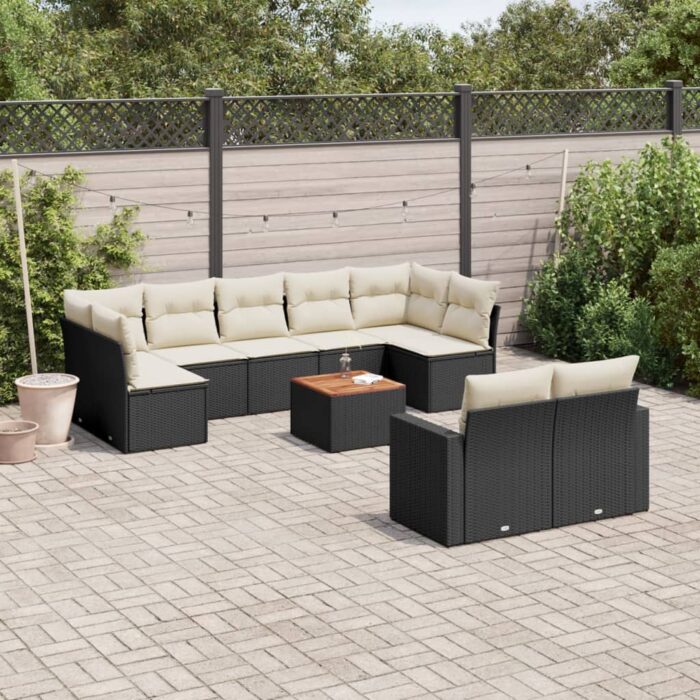 Salon de jardin 10 pcs avec coussins noir résine tressée – Image 1