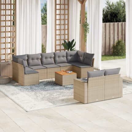 Salon de jardin avec coussins 10 pcs beige résine tressée