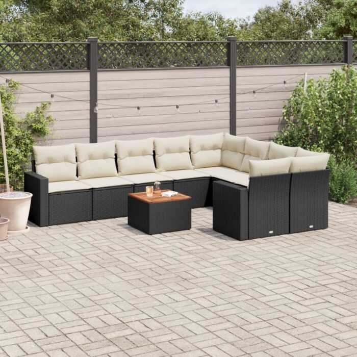 Salon de jardin 10 pcs avec coussins noir résine tressée – Image 1
