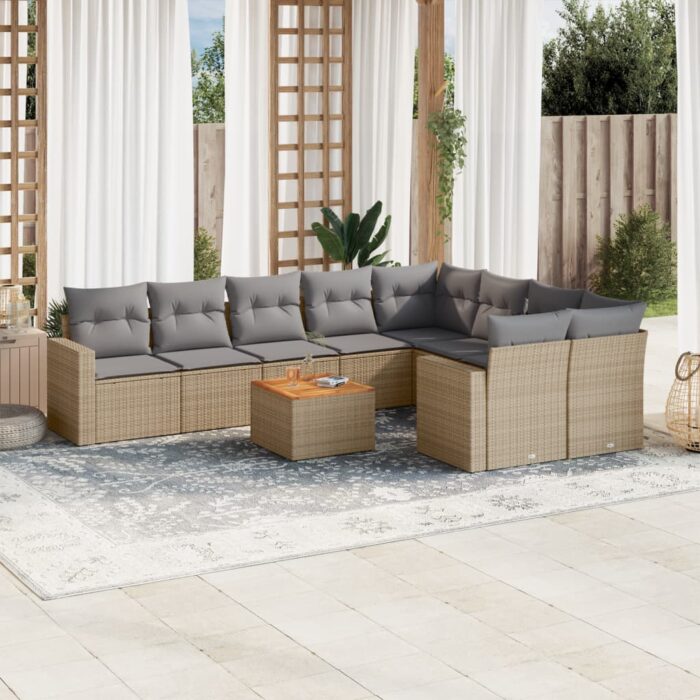 Salon de jardin avec coussins 10 pcs beige résine tressée – Image 1