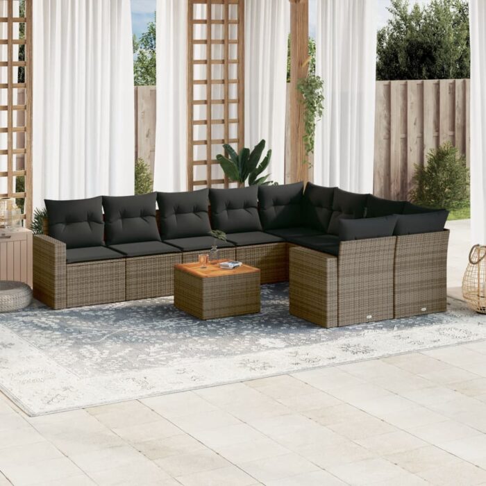 Salon de jardin avec coussins 10 pcs gris résine tressée – Image 1