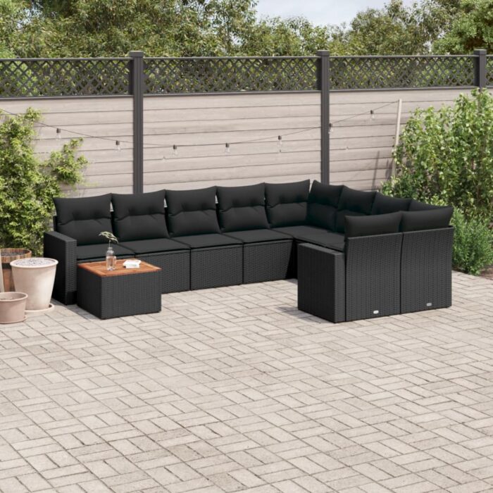 Salon de jardin 10 pcs avec coussins noir résine tressée – Image 1