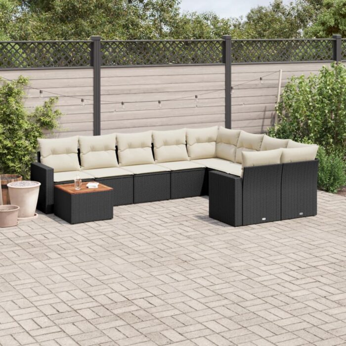 Salon de jardin 10 pcs avec coussins noir résine tressée – Image 1