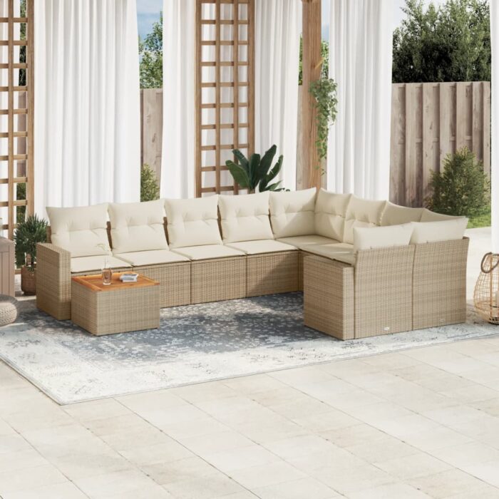 Salon de jardin avec coussins 10 pcs beige résine tressée – Image 1
