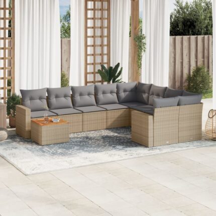 Salon de jardin avec coussins 10 pcs beige résine tressée