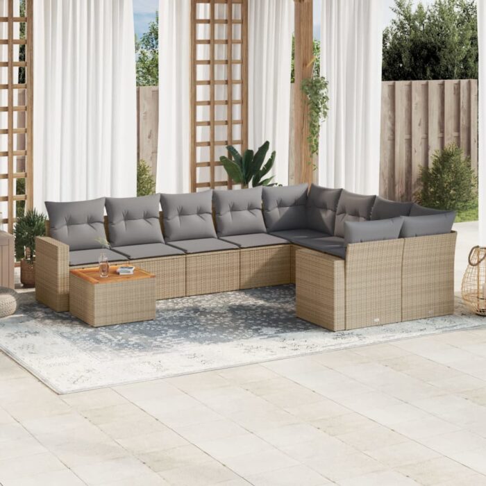 Salon de jardin avec coussins 10 pcs beige résine tressée – Image 1