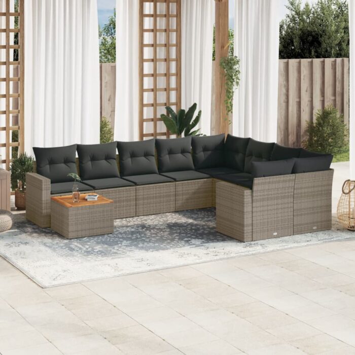 Salon de jardin avec coussins 10 pcs gris résine tressée – Image 1