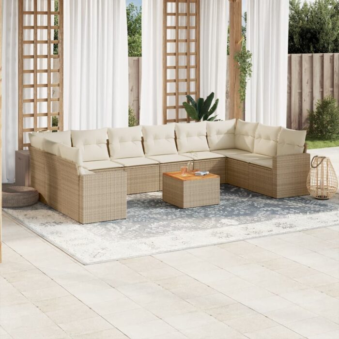 Salon de jardin 11 pcs avec coussins beige résine tressée – Image 1