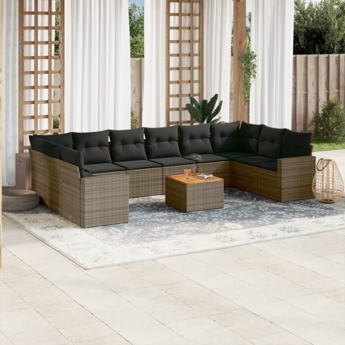 Salon de jardin 11 pcs avec coussins gris résine tressée – Image 1