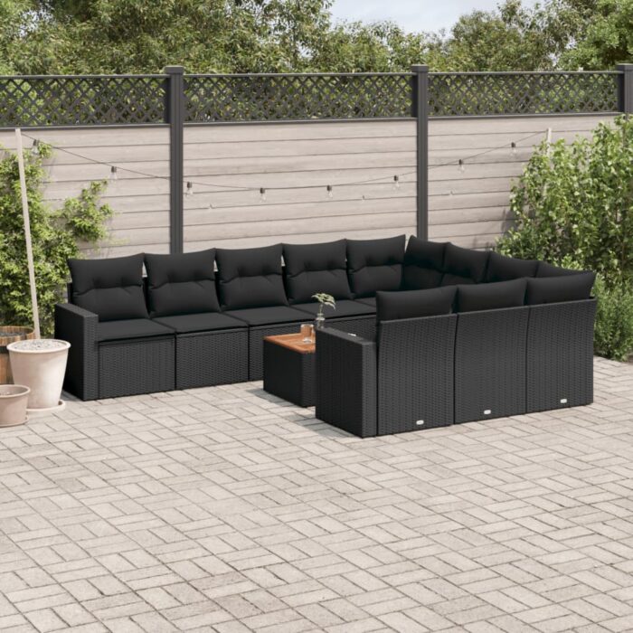 Salon de jardin 11 pcs avec coussins noir résine tressée – Image 1