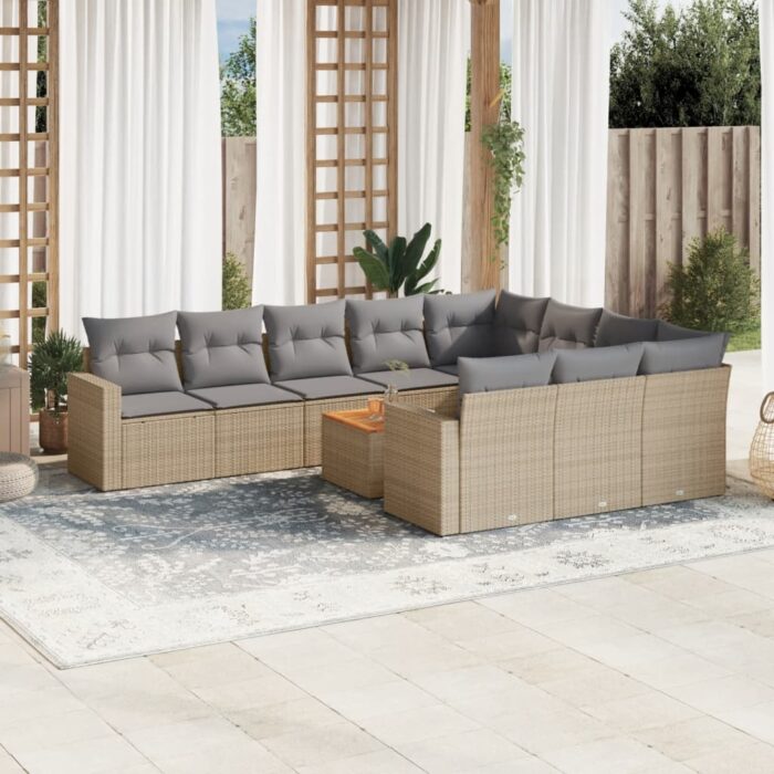 Salon de jardin 11 pcs avec coussins beige résine tressée – Image 1