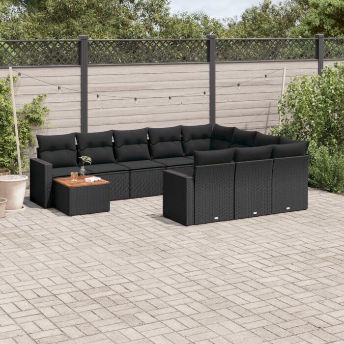 Salon de jardin 11 pcs avec coussins noir résine tressée – Image 1
