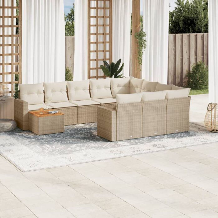 Salon de jardin 11 pcs avec coussins beige résine tressée – Image 1