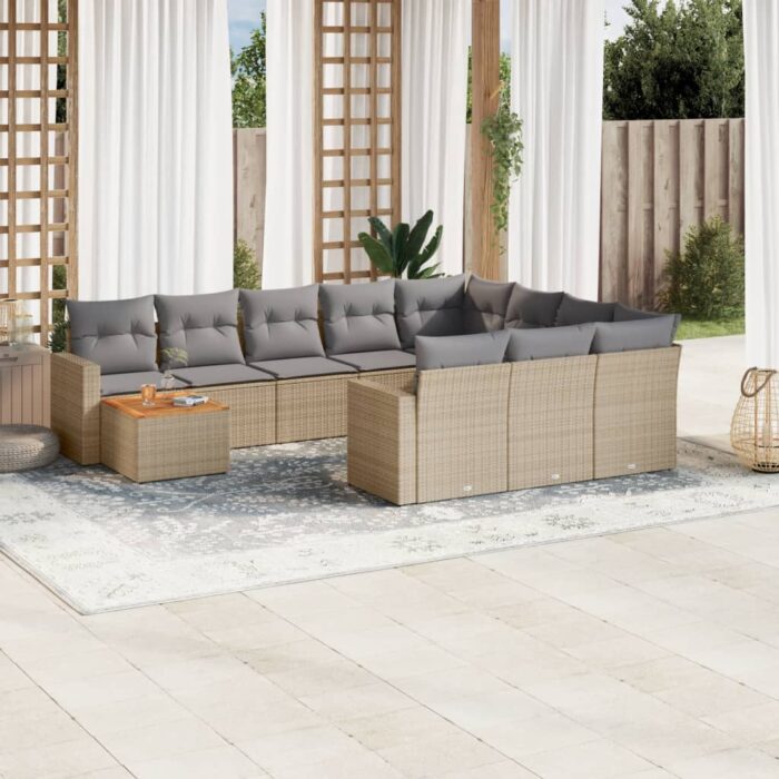 Salon de jardin 11 pcs avec coussins beige résine tressée – Image 1