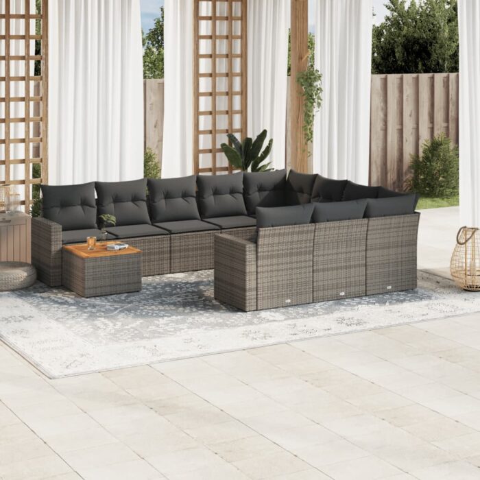 Salon de jardin 11 pcs avec coussins gris résine tressée – Image 1