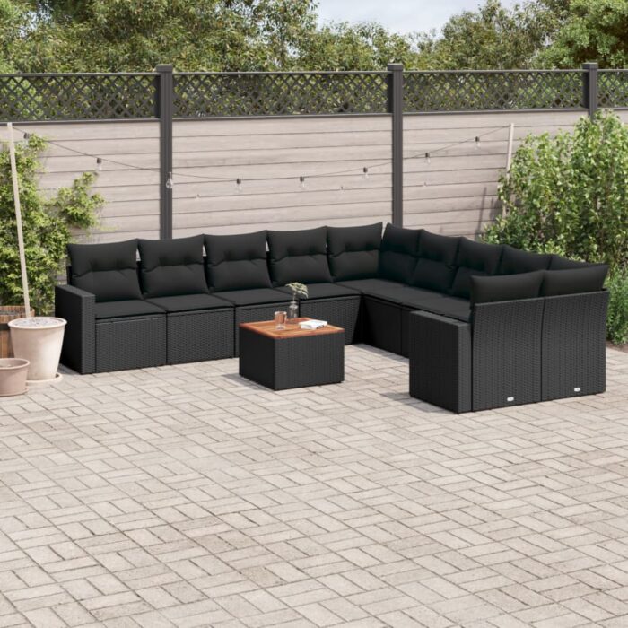 Salon de jardin 11 pcs avec coussins noir résine tressée – Image 1