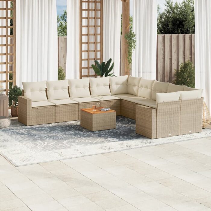 Salon de jardin 11 pcs avec coussins beige résine tressée – Image 1