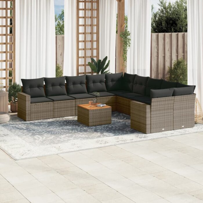 Salon de jardin 11 pcs avec coussins gris résine tressée – Image 1