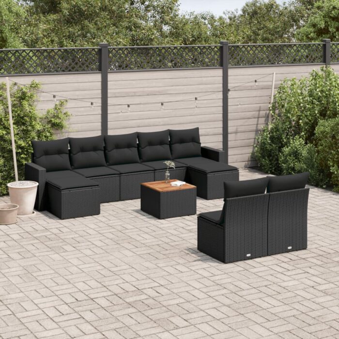 Salon de jardin 10 pcs avec coussins noir résine tressée – Image 1