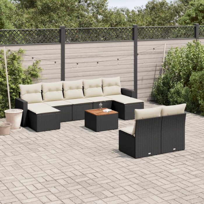 Salon de jardin 10 pcs avec coussins noir résine tressée – Image 1