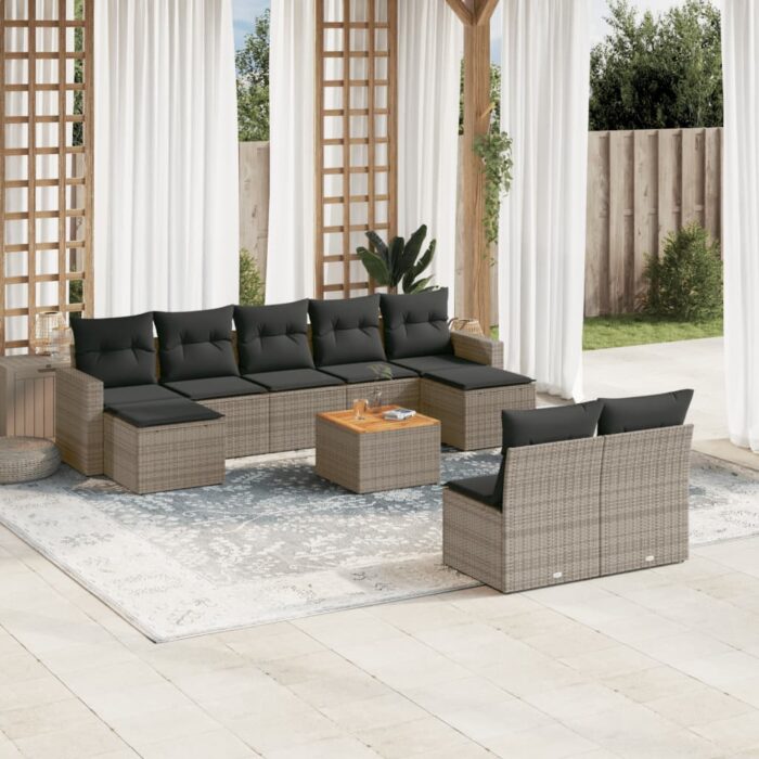Salon de jardin avec coussins 10 pcs gris résine tressée – Image 1