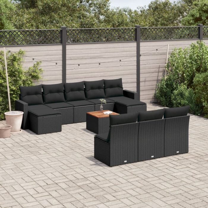 Salon de jardin 11 pcs avec coussins noir résine tressée – Image 1