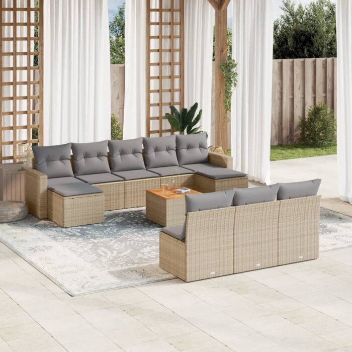Salon de jardin 11 pcs avec coussins beige résine tressée – Image 1