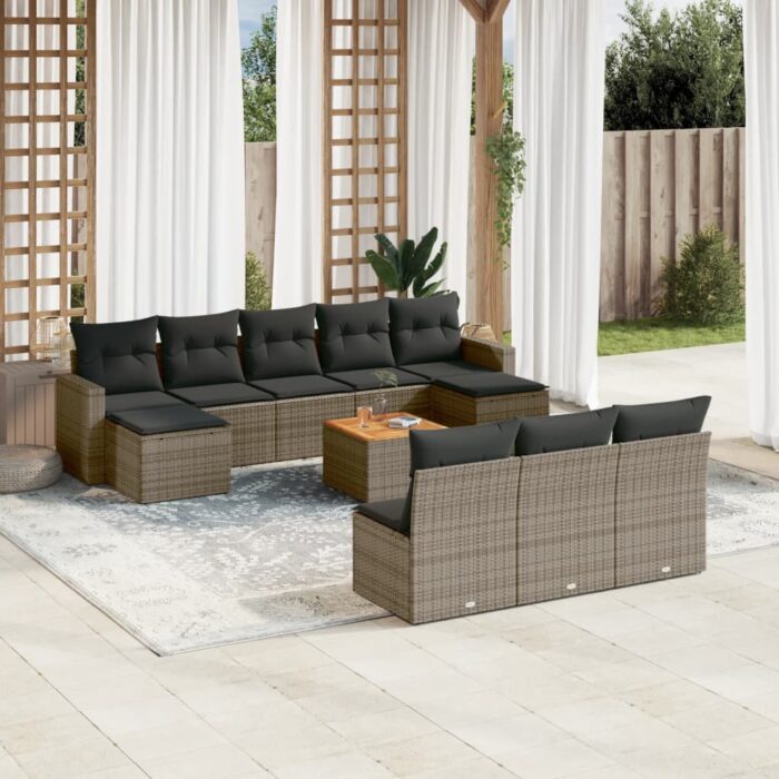 Salon de jardin 11 pcs avec coussins gris résine tressée – Image 1