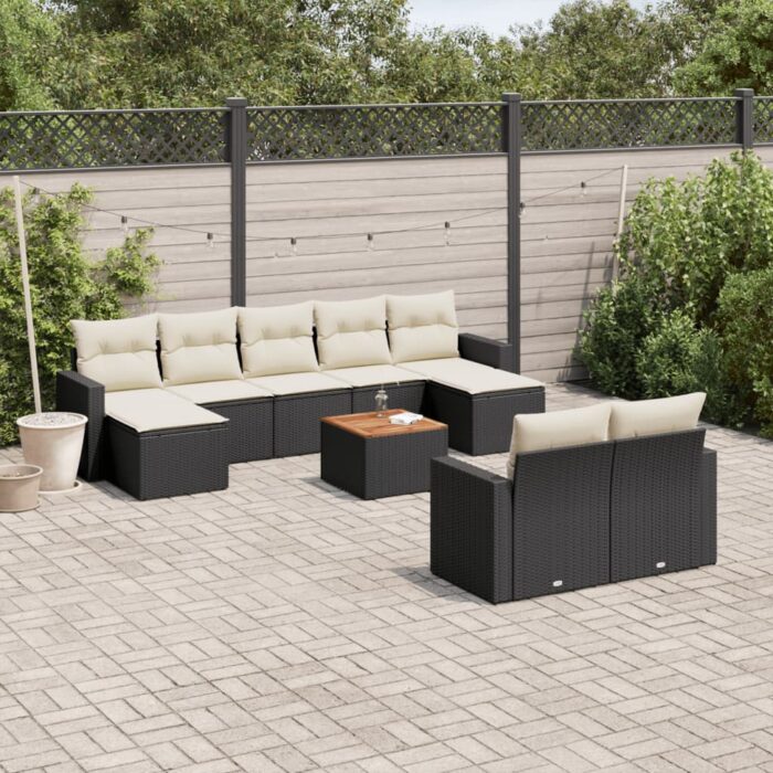 Salon de jardin 10 pcs avec coussins noir résine tressée – Image 1