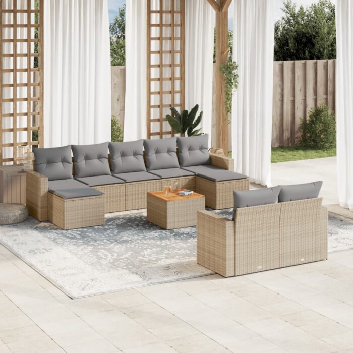 Salon de jardin avec coussins 10 pcs beige résine tressée – Image 1