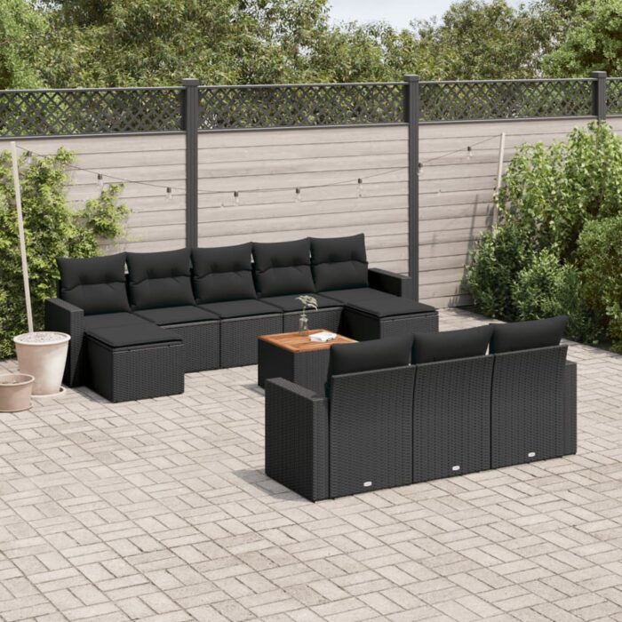 Salon de jardin 11 pcs avec coussins noir résine tressée – Image 1