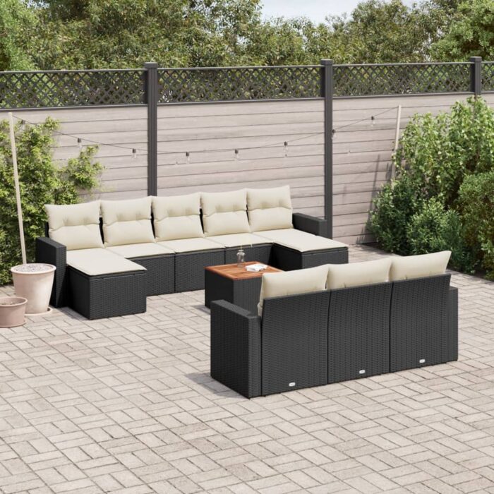 Salon de jardin 11 pcs avec coussins noir résine tressée – Image 1
