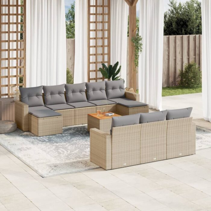 Salon de jardin 11 pcs avec coussins beige résine tressée – Image 1