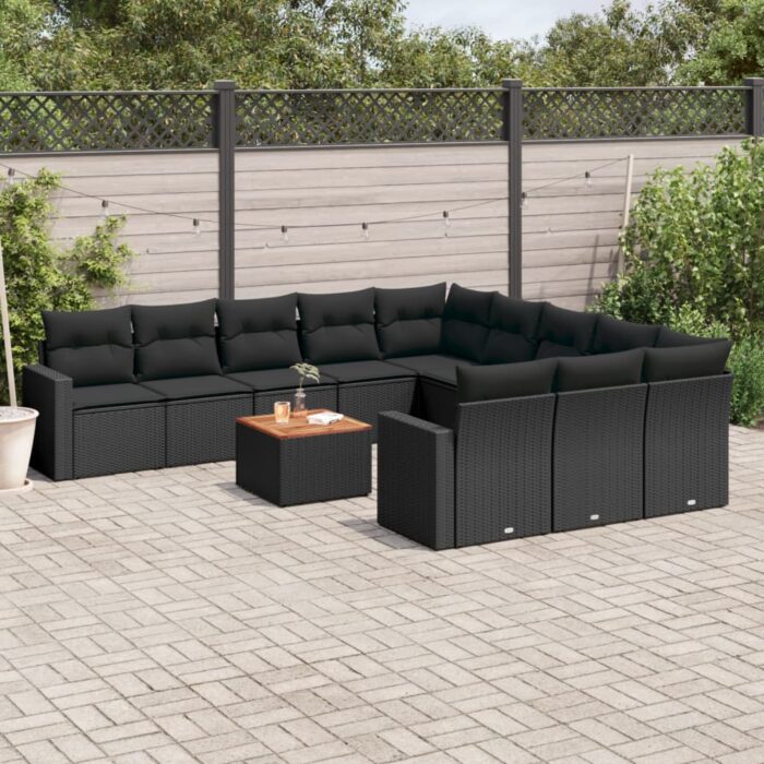 Salon de jardin 12 pcs avec coussins noir résine tressée – Image 1