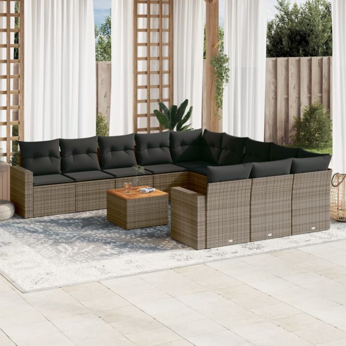 Salon de jardin avec coussins 12 pcs gris résine tressée – Image 1
