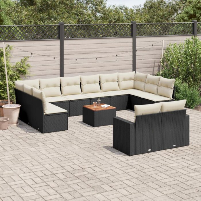 Salon de jardin avec coussins 13 pcs noir résine tressée – Image 1