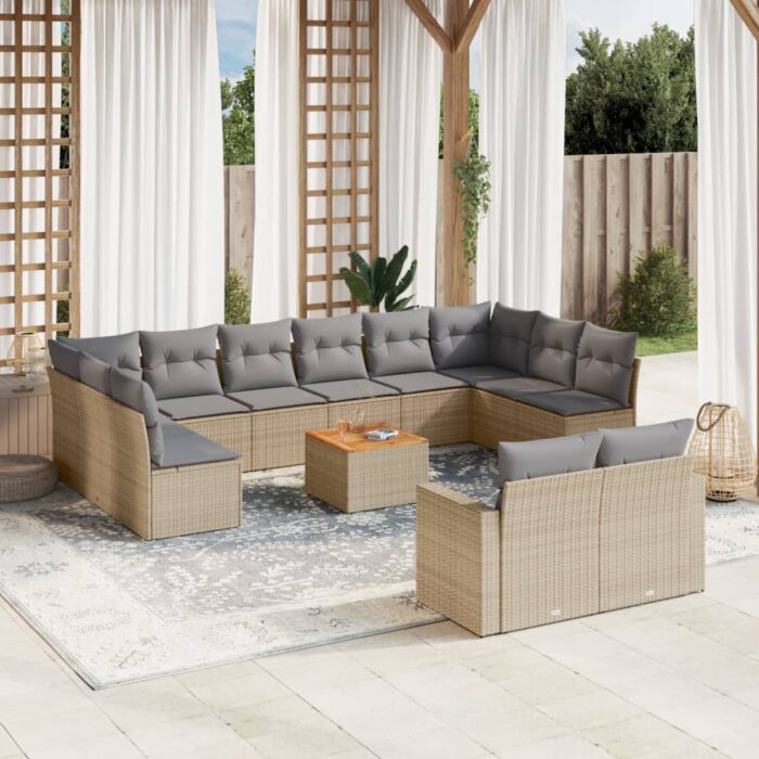 Salon de jardin avec coussins 13 pcs beige résine tressée – Image 1