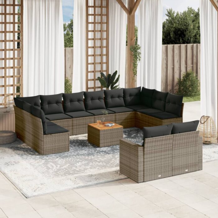 Salon de jardin avec coussins 13 pcs gris résine tressée – Image 1