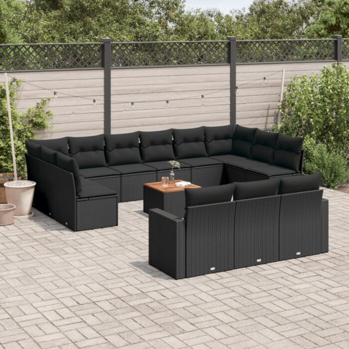 Salon de jardin avec coussins 14 pcs noir résine tressée – Image 1